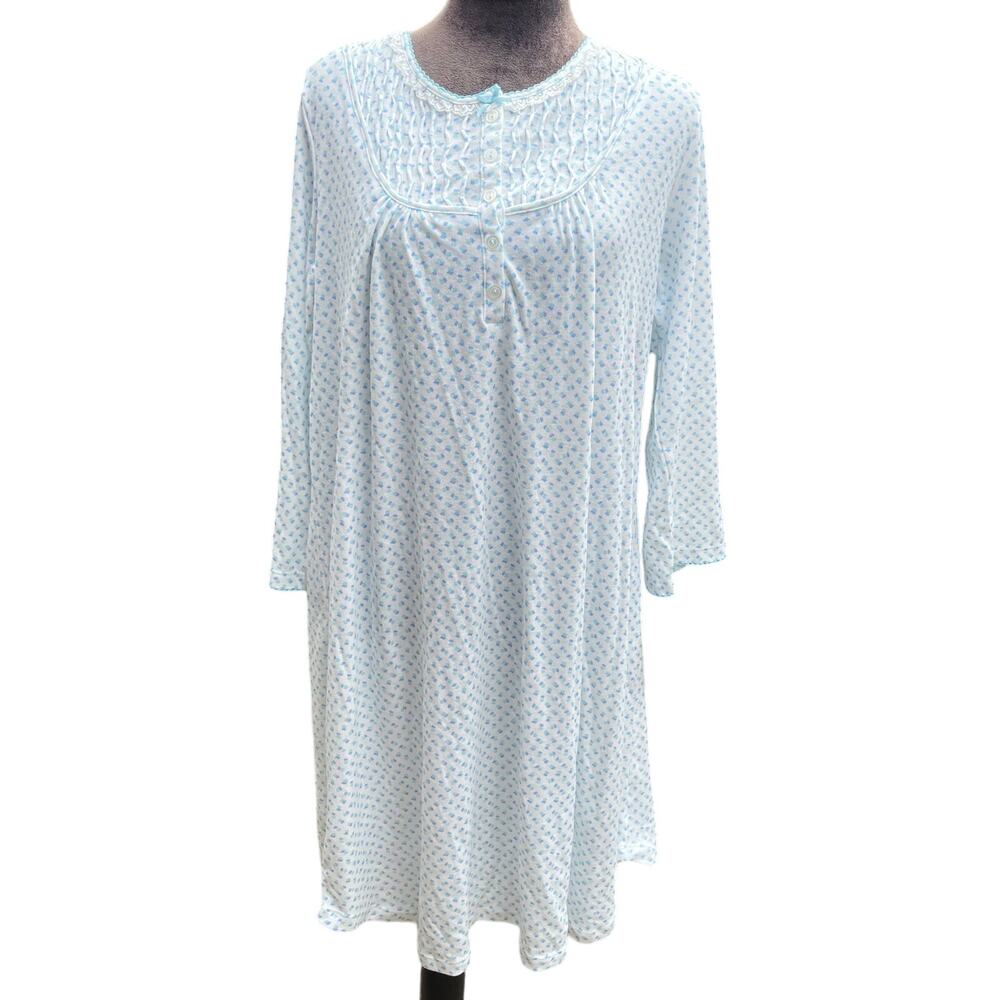 NWT MISS ELAINE COTTON MEDI NIGHTGOWN BLUE FLORAL SZ L